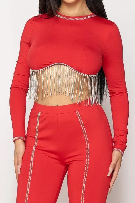 - 2PCS SET - RHINESTONE FRINGE CROP TOP W/ MATCHING FLARE PANTS