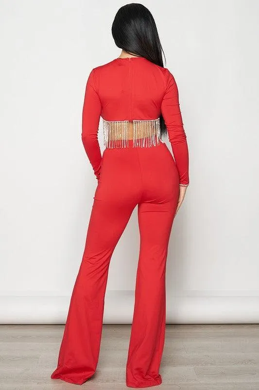 - 2PCS SET - RHINESTONE FRINGE CROP TOP W/ MATCHING FLARE PANTS