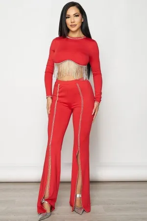 - 2PCS SET - RHINESTONE FRINGE CROP TOP W/ MATCHING FLARE PANTS