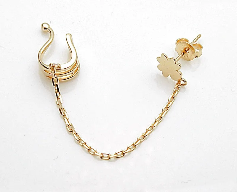 14k Gold Ear Cuff Chain Stud Earring