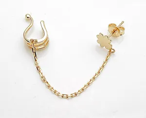 14k Gold Ear Cuff Chain Stud Earring