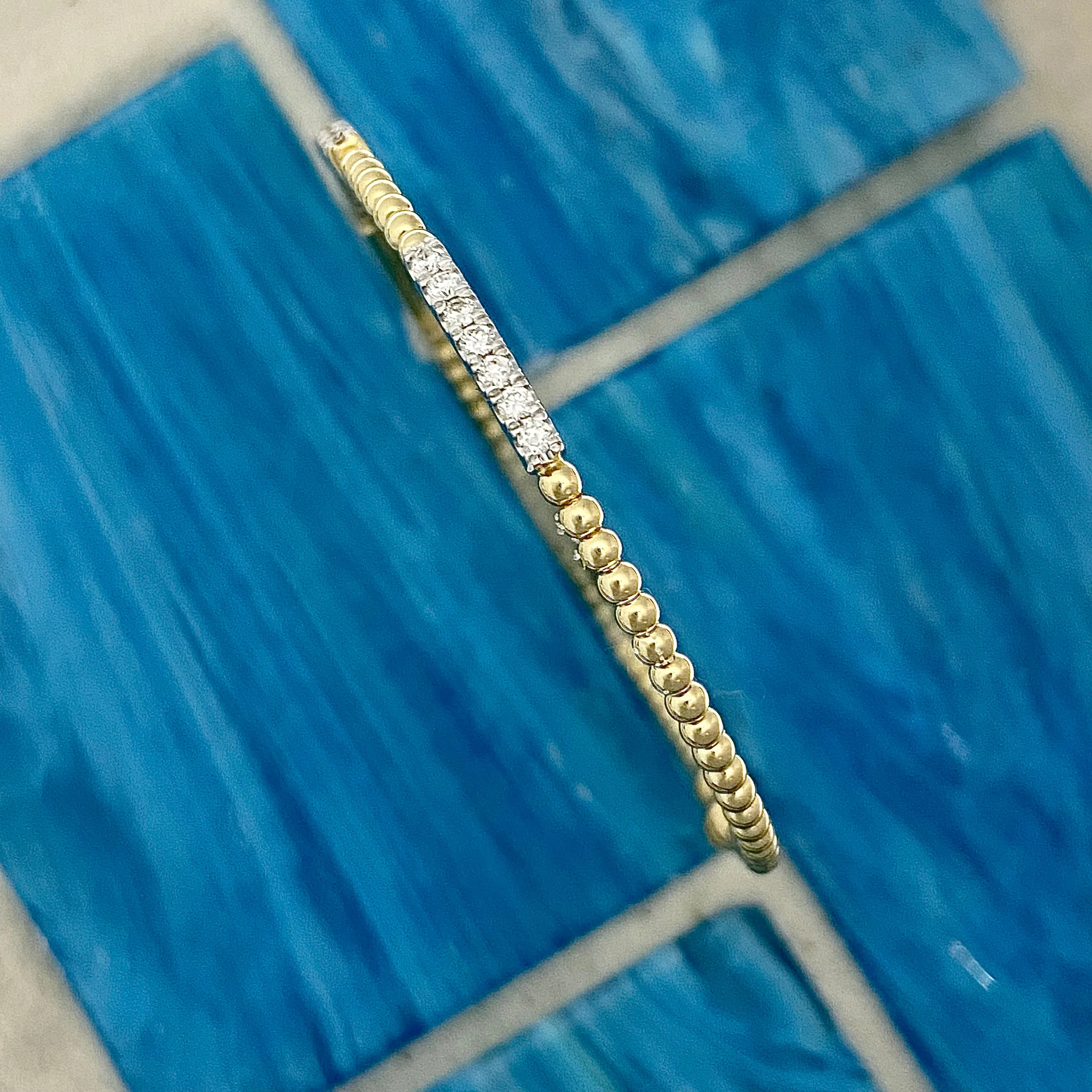 14k Yellow Gold Bujukan Bead Cuff With .45cttw Diamond Pavé Stations Beacelet 6.25”