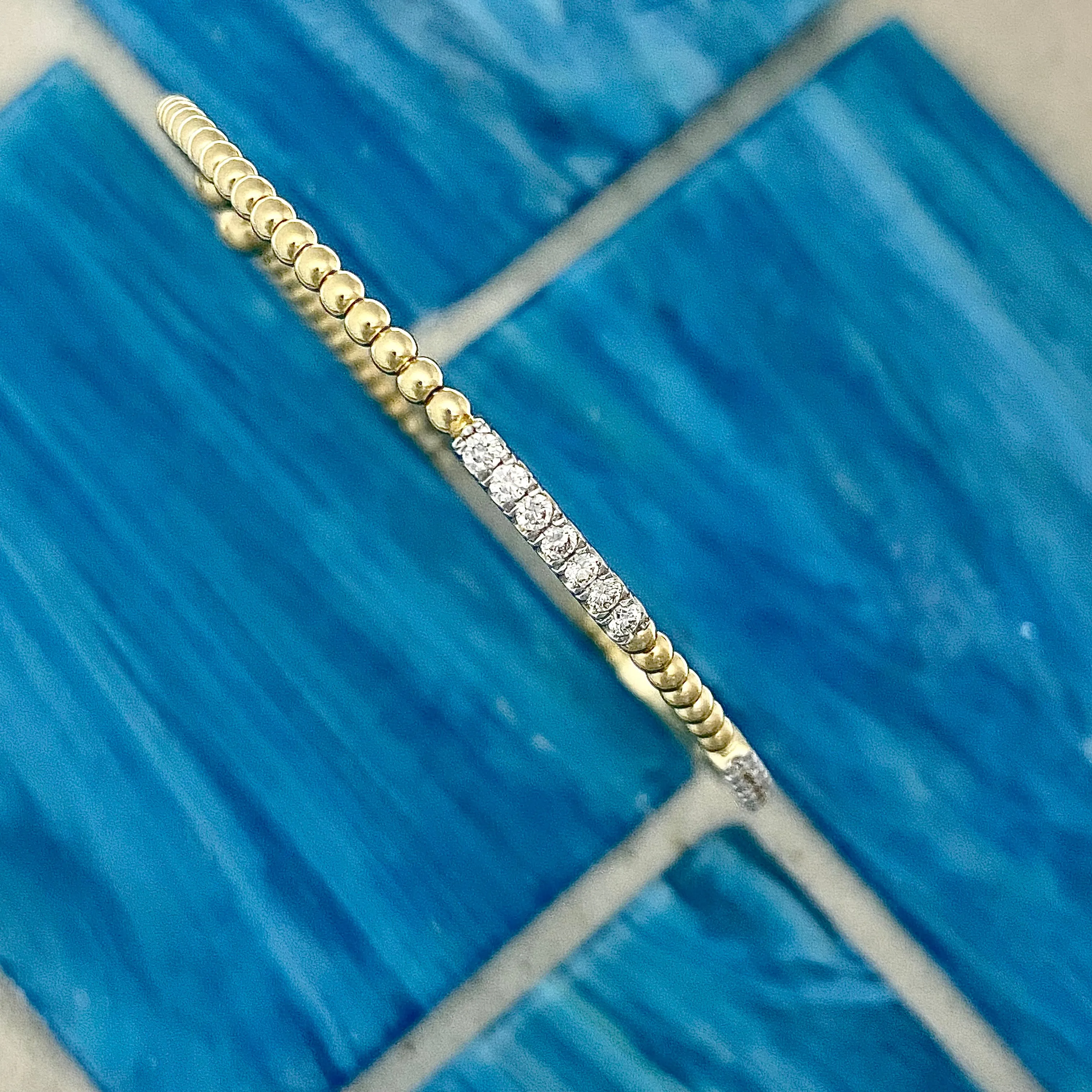 14k Yellow Gold Bujukan Bead Cuff With .45cttw Diamond Pavé Stations Beacelet 6.25”