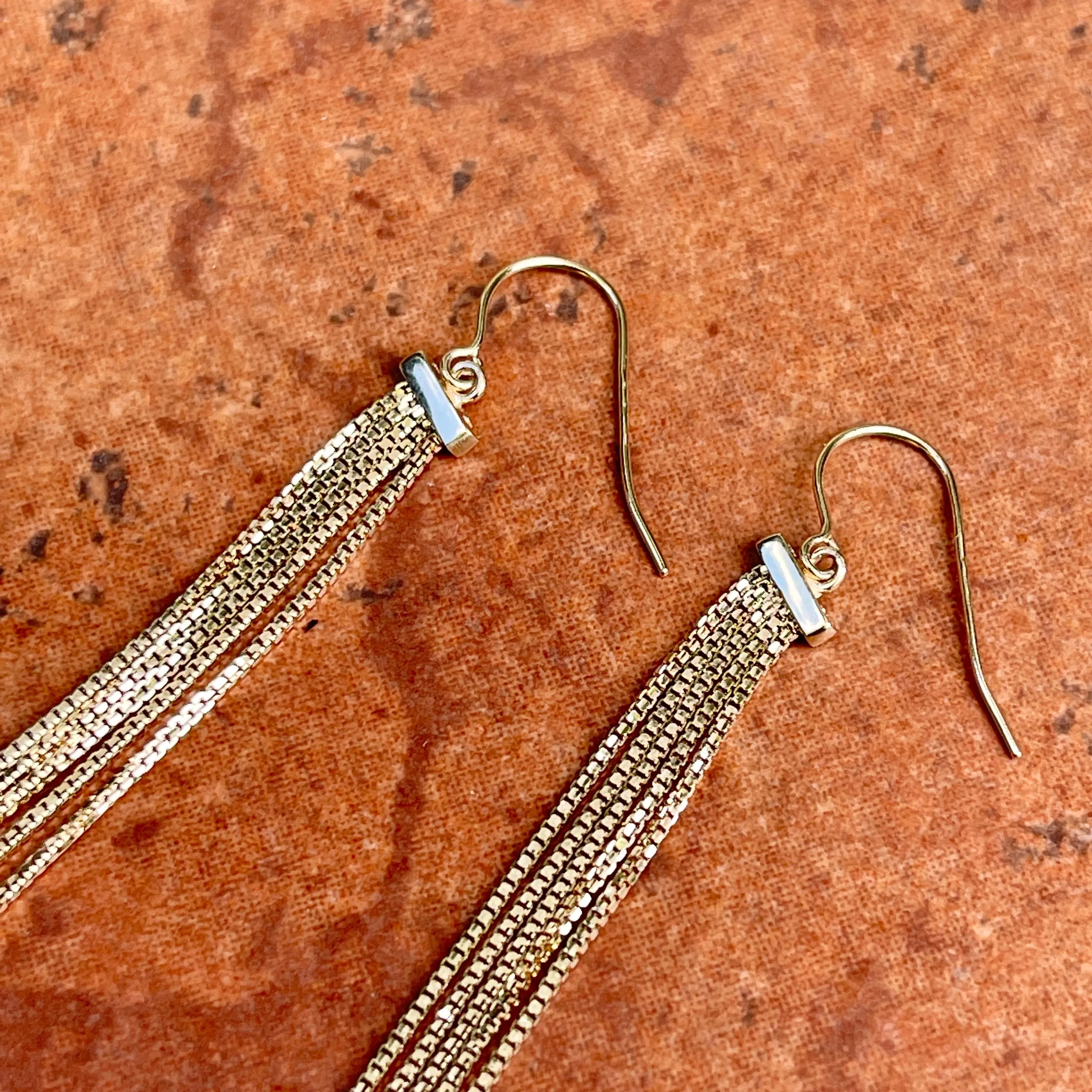 14KT Yellow Gold Box Chain Chandelier Dangle Wire Earrings