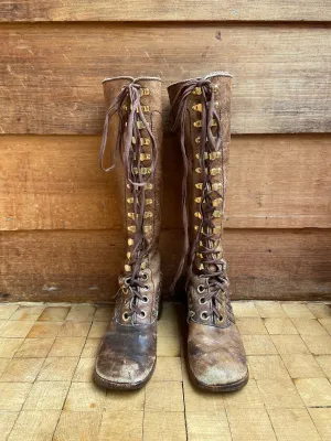 1960s Distressed Leather Lace Up Tall Boots ( 7-7.5)