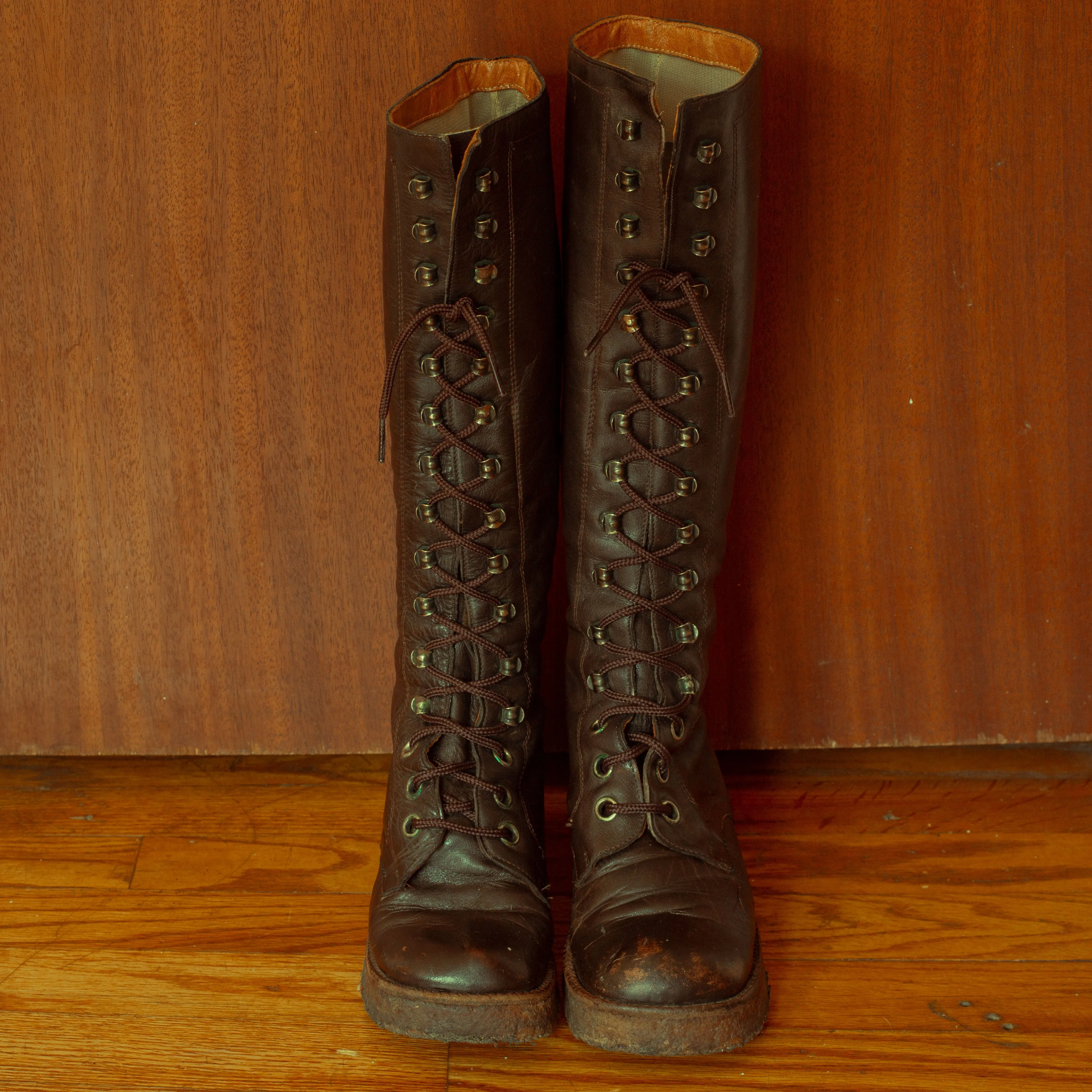1970s Brown Lace Up Knee High Boots