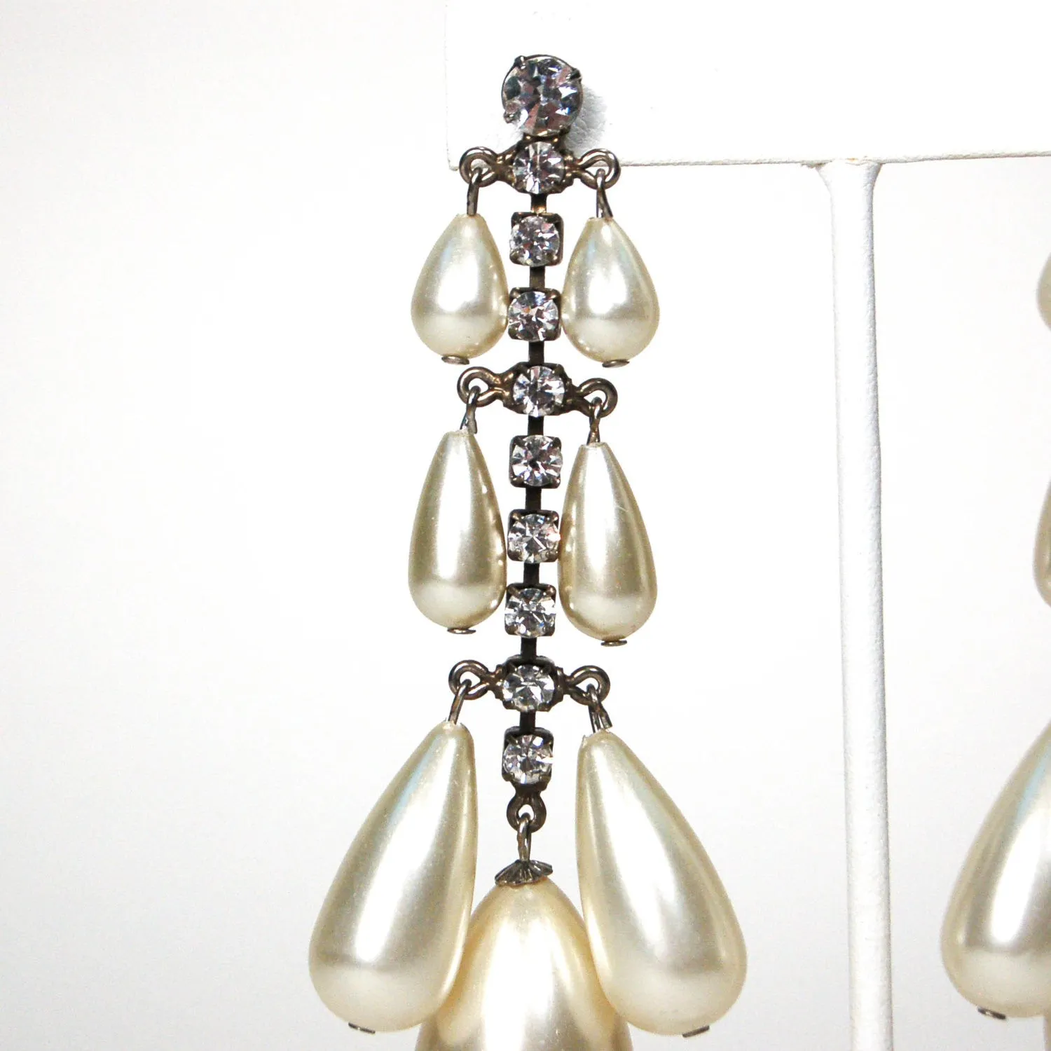 1980's Rhinestone and Pearl Drop Chandelier Earrings