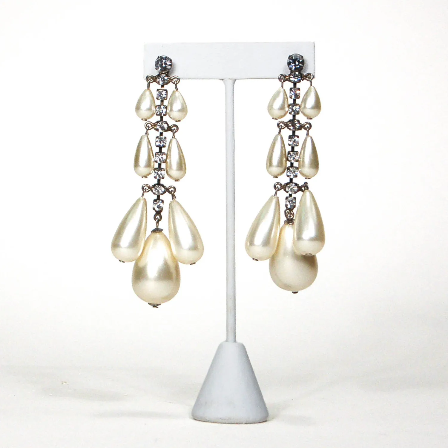 1980's Rhinestone and Pearl Drop Chandelier Earrings