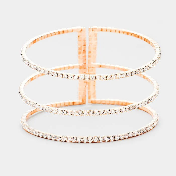 3 Row Split Layer Round Clear Crystal Cuff Bracelet on Rose Gold | 397419