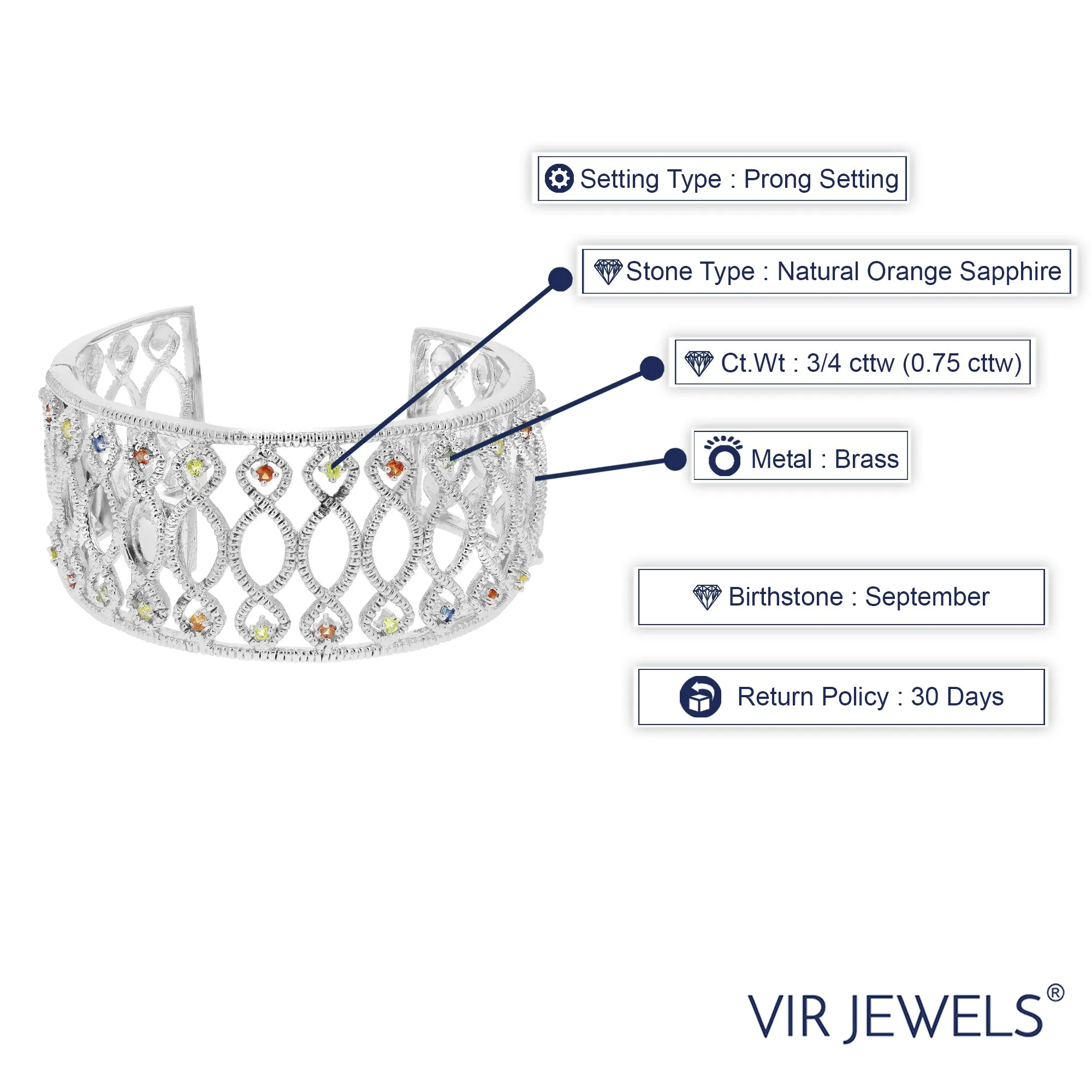 3/4 cttw Multi Sapphire Cuff Bangle Bracelet Brass With Rhodium Plating