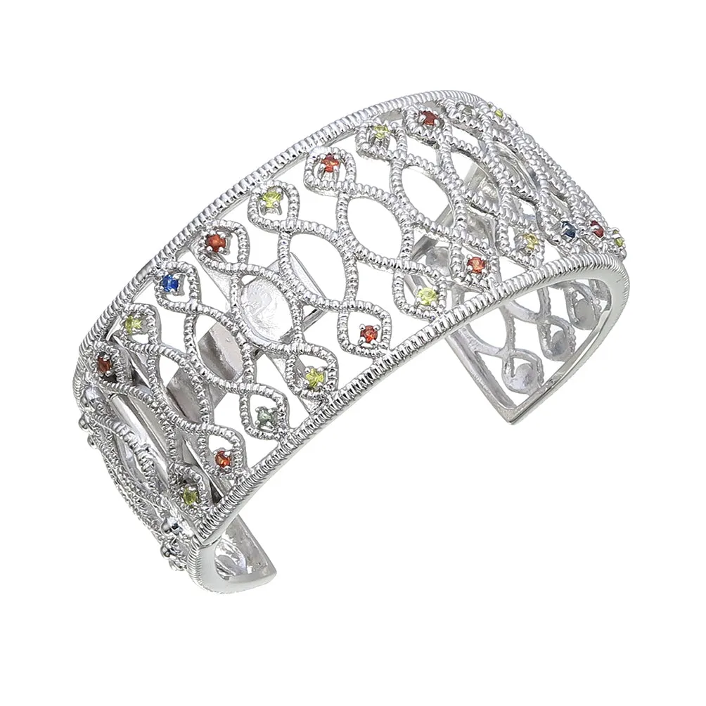 3/4 cttw Multi Sapphire Cuff Bangle Bracelet Brass With Rhodium Plating