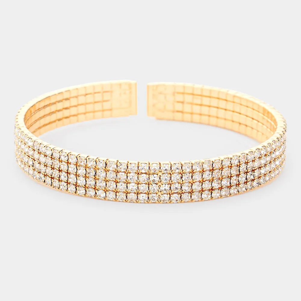 4 Row Rhinestone Cuff Bracelet on Gold | Pageant Jewelry | 533537