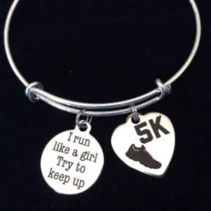 5K Race Silver Charm Bracelet Expandable Adjustable Bangle Layering Bracelet Run Like a Girl