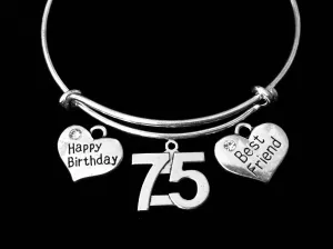 75th Birthday Best Friend Jewelry Adjustable Charm Bracelet Silver Expandable