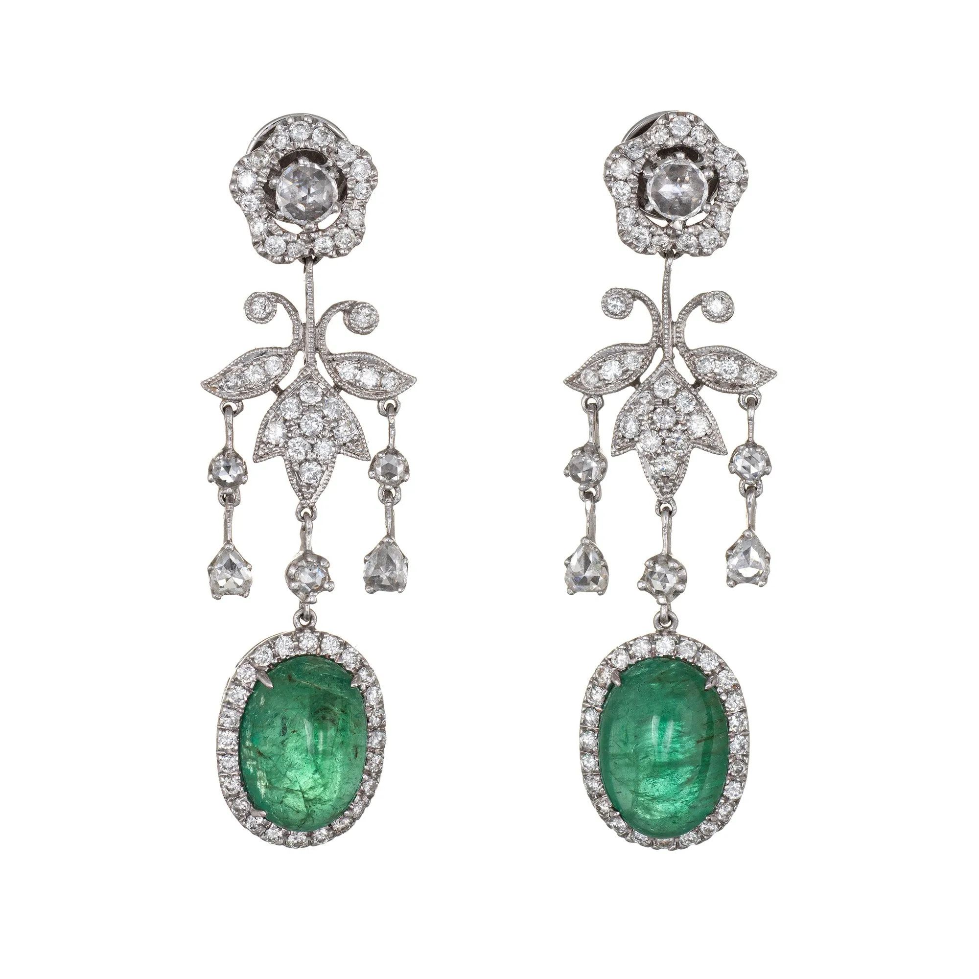 9ct Emerald 1.50ct Diamond Earrings Estate 14k White Gold Flower Drop Jewelry