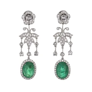 9ct Emerald 1.50ct Diamond Earrings Estate 14k White Gold Flower Drop Jewelry