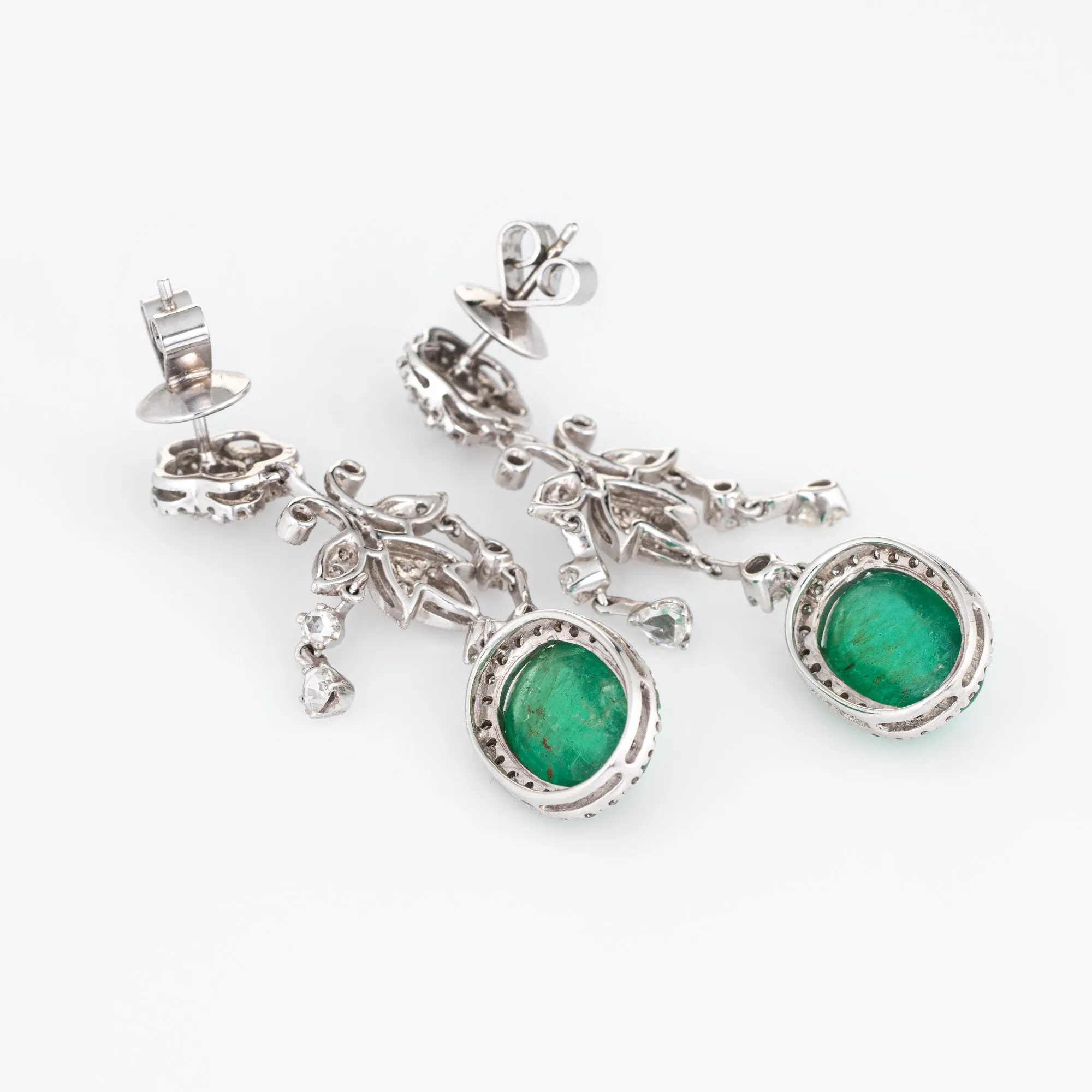 9ct Emerald 1.50ct Diamond Earrings Estate 14k White Gold Flower Drop Jewelry