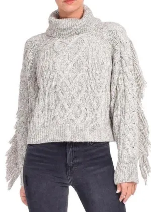 Aleena Cable Knit Turtleneck with Fringe (Gray Melange)