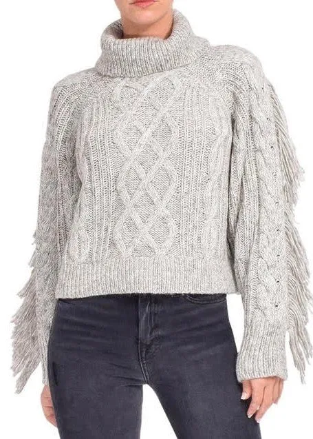 Aleena Cable Knit Turtleneck with Fringe (Gray Melange)