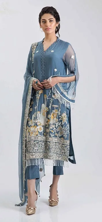 Alluring Pakistani pure chiffon dress in bluish grey color # P2236