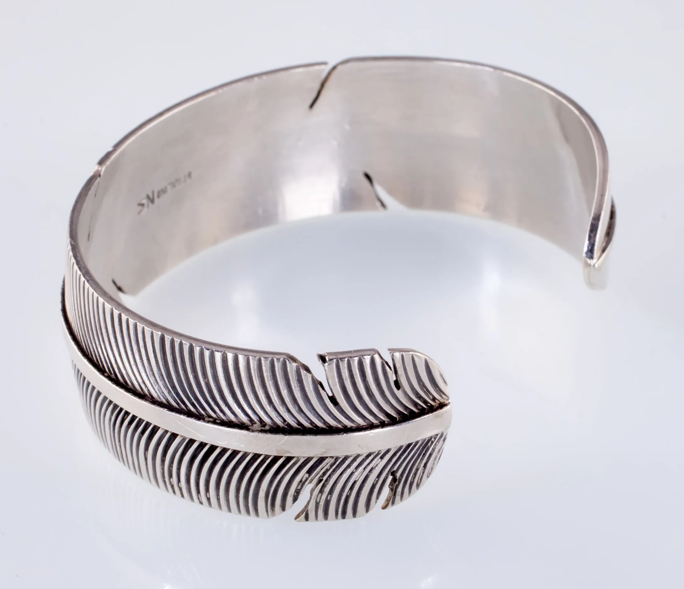 Amazing Vintage Navajo Silver Feather Cuff Bracelet Signed NM