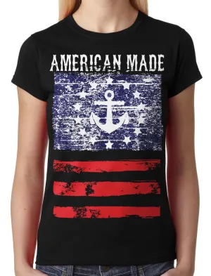 American Made Faded Anchor Flag Junior Ladies T-shirt
