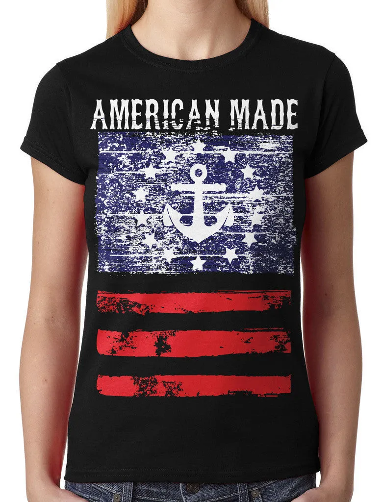 American Made Faded Anchor Flag Junior Ladies T-shirt