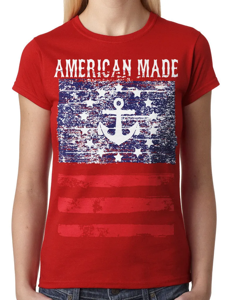 American Made Faded Anchor Flag Junior Ladies T-shirt