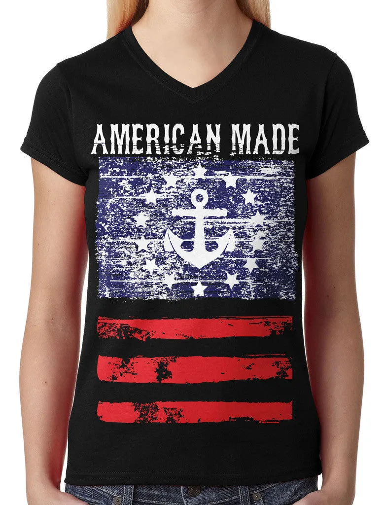 American Made Faded Anchor Flag Junior Ladies V-neck T-shirt