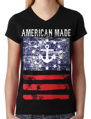 American Made Faded Anchor Flag Junior Ladies V-neck T-shirt