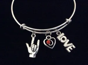 American Sign Language Charm (ASL) Red Crystal Heart and Love Charm on Expandable Adjustable Wire Bangle Bracelet  Appreciation Gift