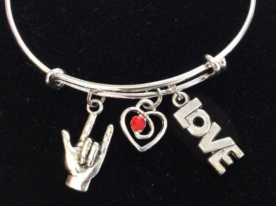 American Sign Language Charm (ASL) Red Crystal Heart and Love Charm on Expandable Adjustable Wire Bangle Bracelet  Appreciation Gift