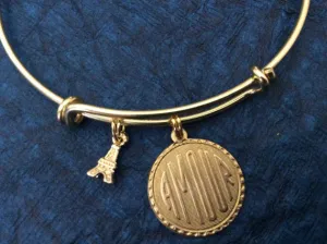 Amour and 3D Eiffel Tower Charm Adjustable Expandable Bangle Bracelet Gold Handmade Wire Bangle Stacking Bangle Trendy Paris French