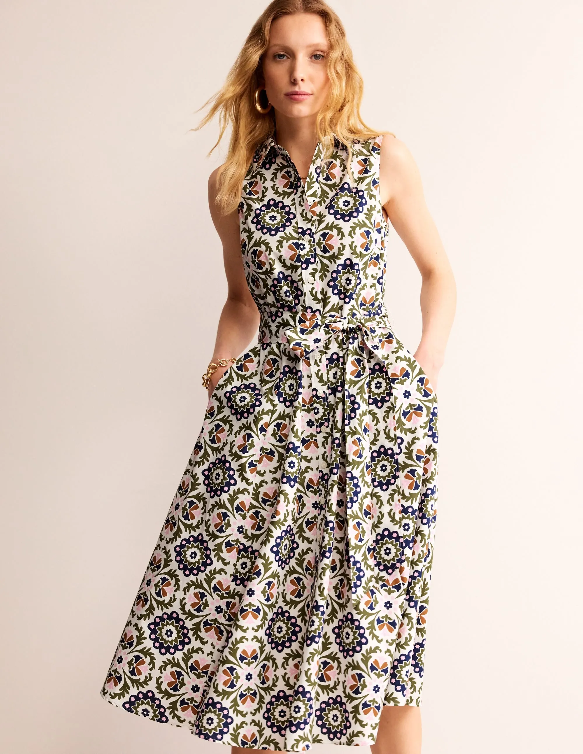 Amy Sleeveless Shirt Dress-Mayfly, Mosaic Bloom