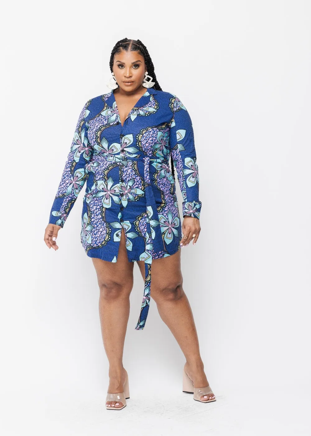 Aniyah Women's African Print Button-Up Shirt Dress - Clearance(Light Blue Pink Iris)