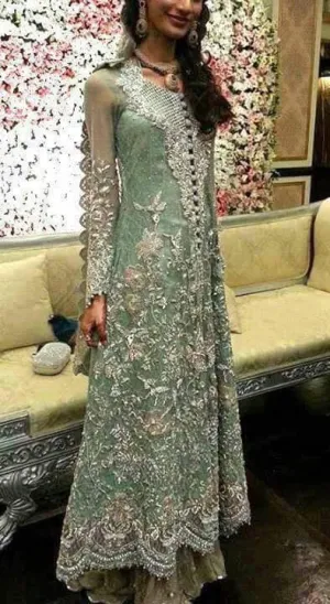 Aqua green and silver long maxi shirt Model# W 44