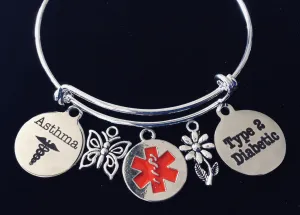Asthma Medical Alert Type 1 Diabetic Expandable Charm Bracelet Diabetes Silver Adjustable Bangle Gift