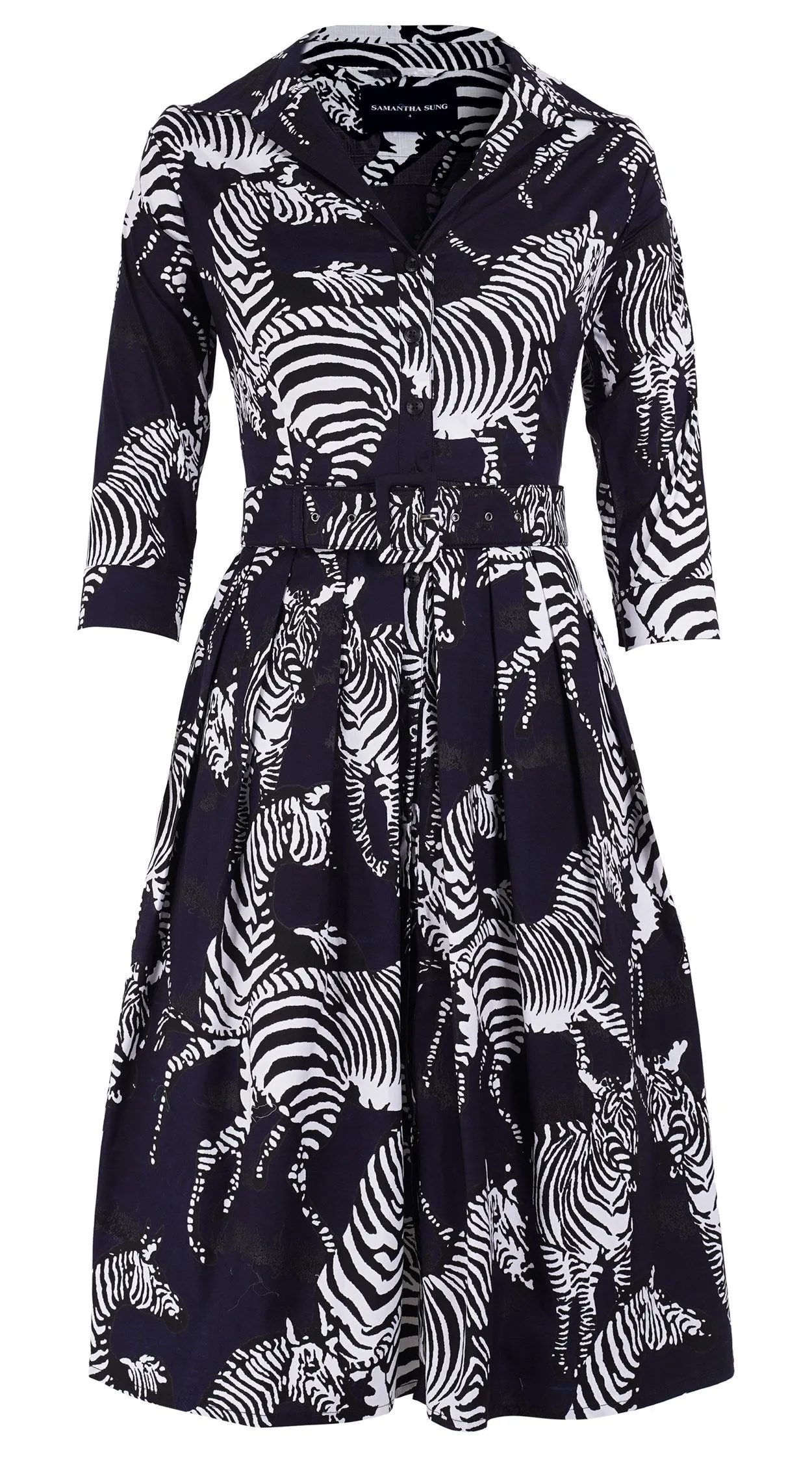 Audrey Dress #1 Shirt Collar 3/4 Sleeve Long Length Cotton Stretch (Bloomsberry Zebra Small)