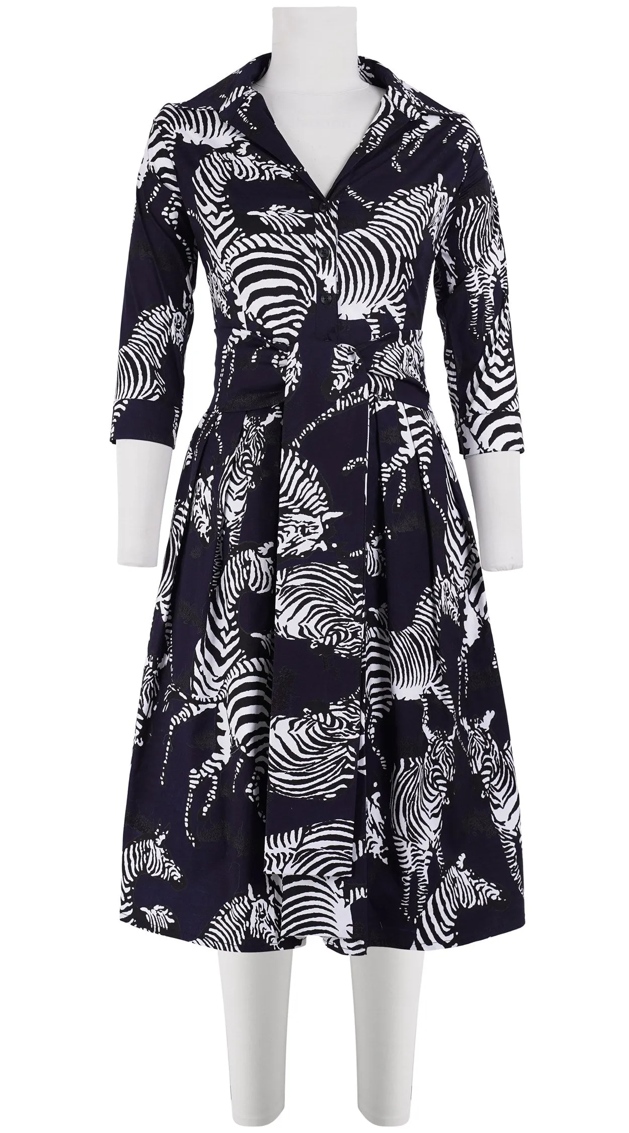 Audrey Dress #1 Shirt Collar 3/4 Sleeve Long Length Cotton Stretch (Bloomsberry Zebra Small)