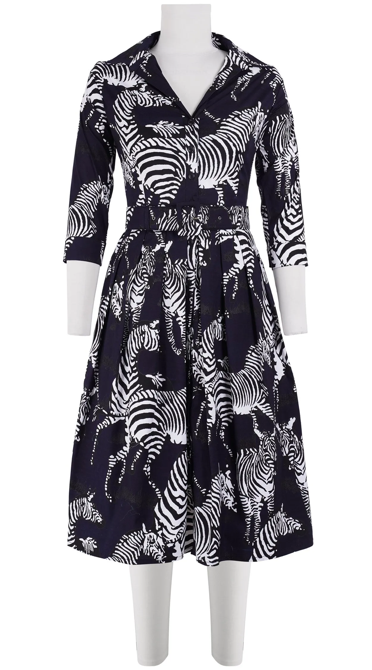 Audrey Dress #1 Shirt Collar 3/4 Sleeve Long Length Cotton Stretch (Bloomsberry Zebra Small)