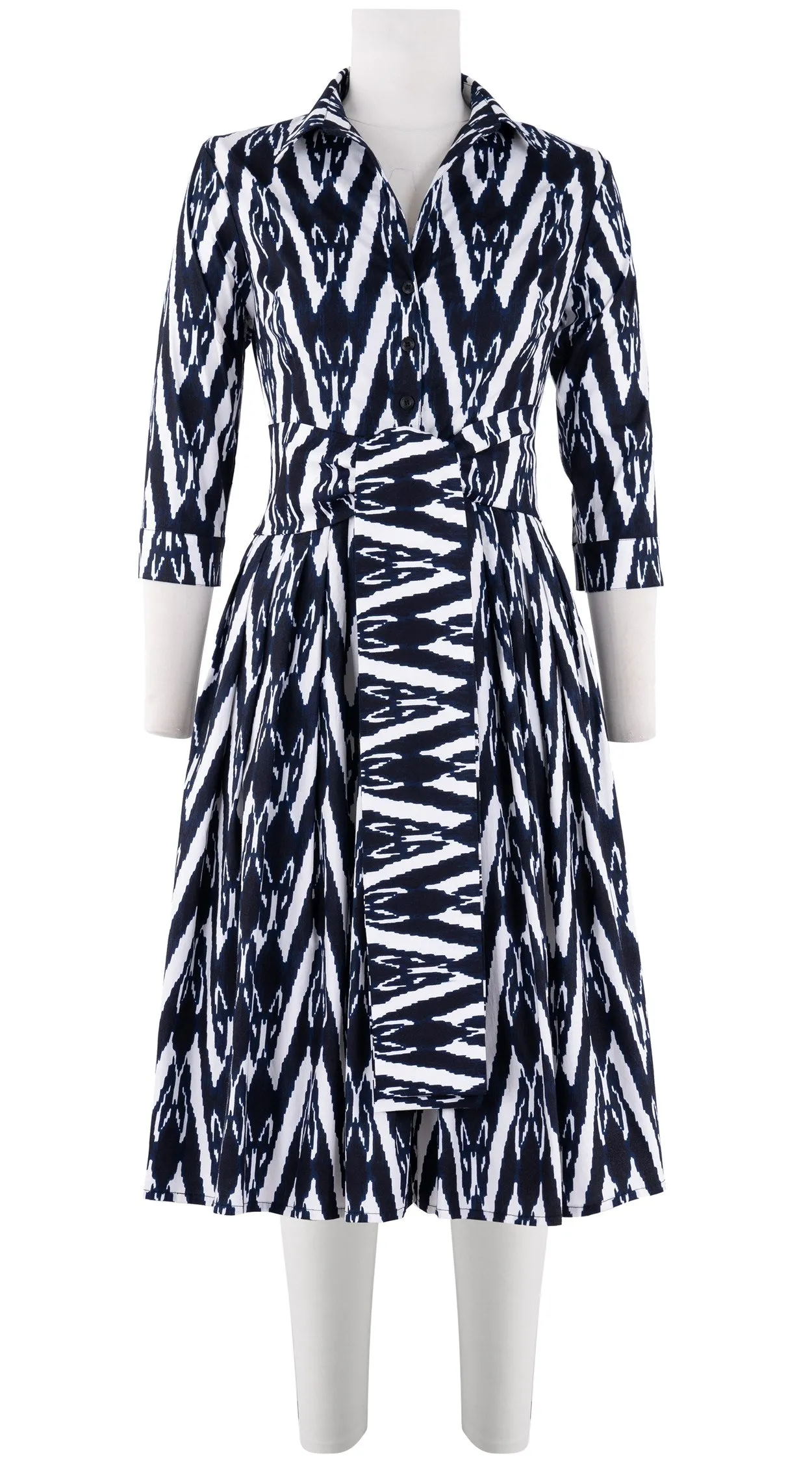 Audrey Dress #2 Shirt Collar 3/4 Sleeve Long Length Cotton Stretch (Ikat Uzbec Bright)