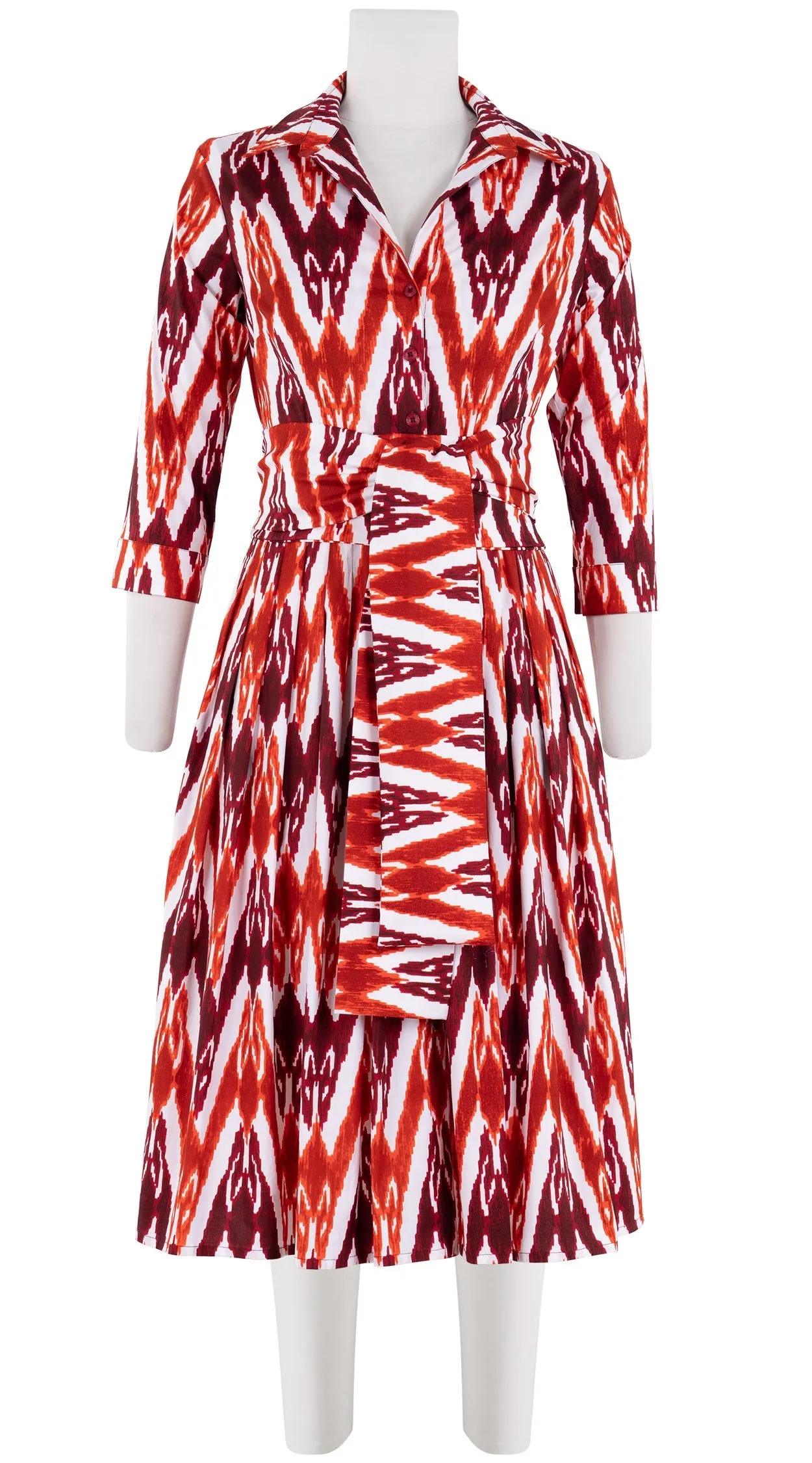 Audrey Dress #2 Shirt Collar 3/4 Sleeve Long Length Cotton Stretch (Ikat Uzbec Bright)