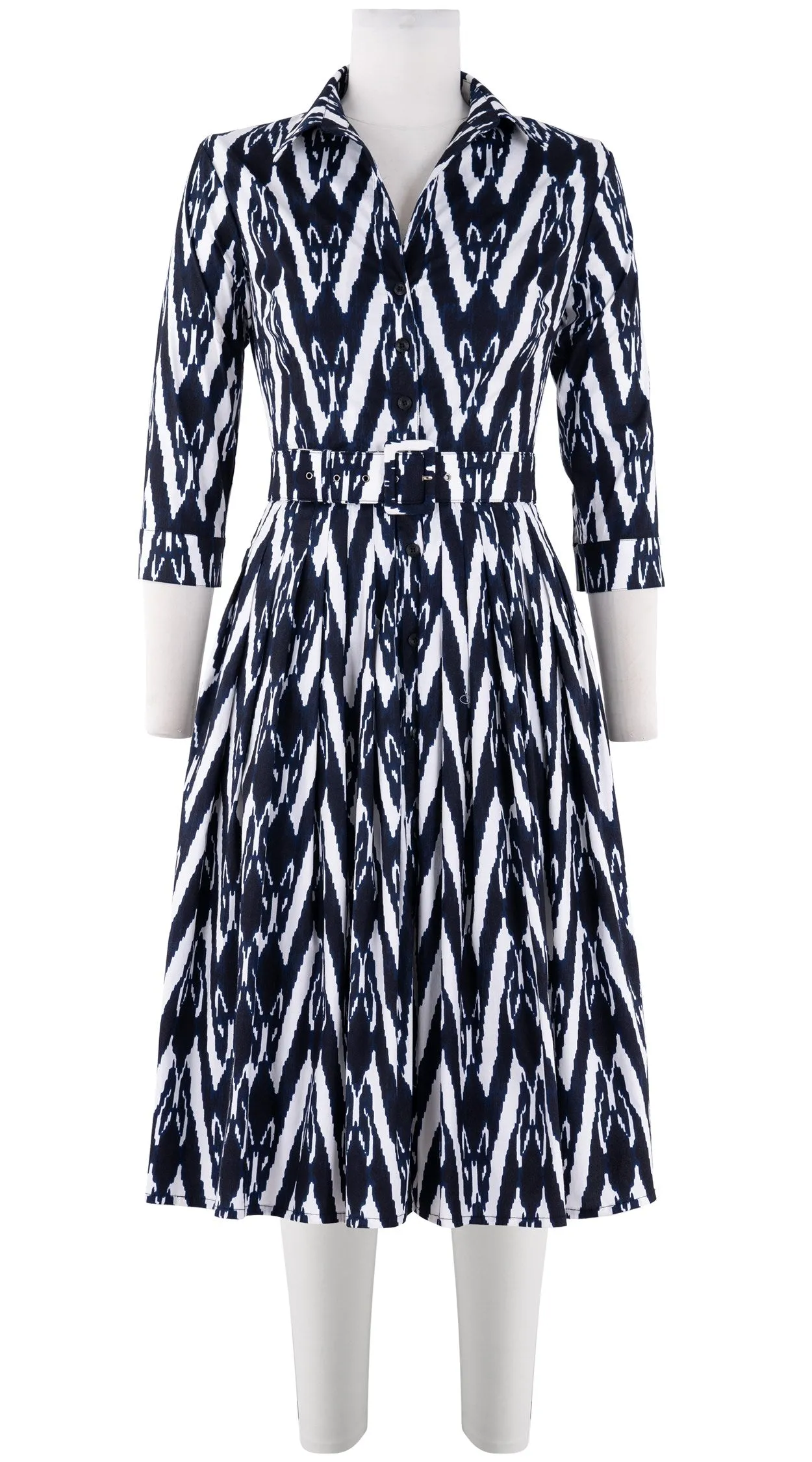 Audrey Dress #2 Shirt Collar 3/4 Sleeve Long Length Cotton Stretch (Ikat Uzbec Bright)
