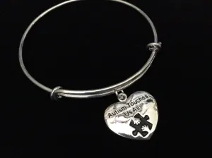 Autism Touches Us All Stamped Charm Puzzle Awareness Ribbon Expandable Charm Bracelet Adjustable Silver Wire Bangle Expandable Gift Trendy Stacking
