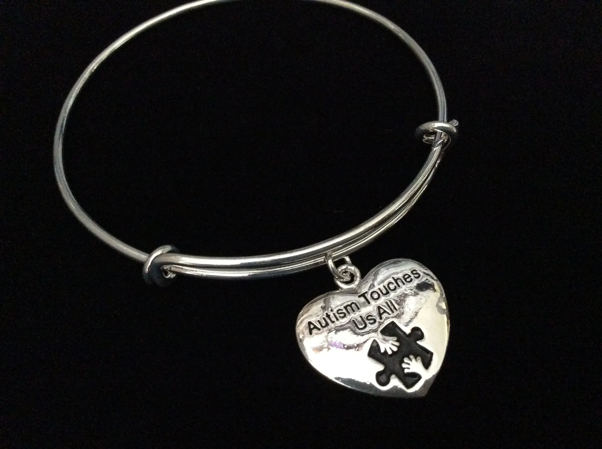 Autism Touches Us All Stamped Charm Puzzle Awareness Ribbon Expandable Charm Bracelet Adjustable Silver Wire Bangle Expandable Gift Trendy Stacking
