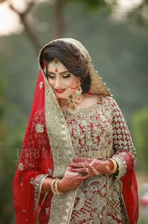 Beautiful bridal lahnga in rose red and golden color Model # B 912