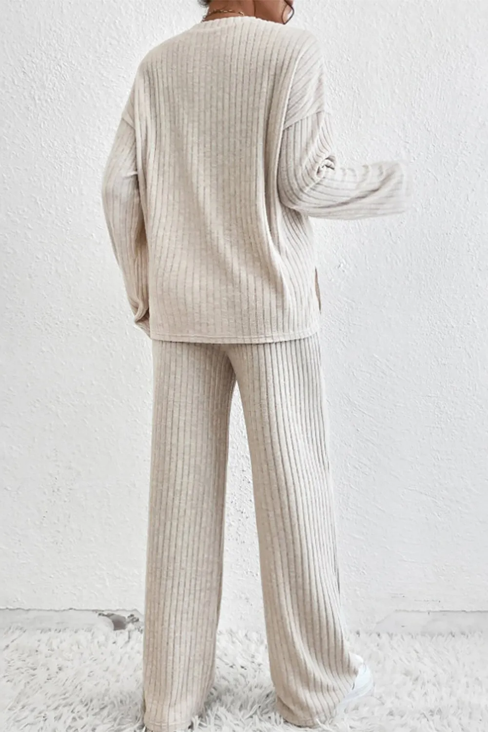 Beige Ribbed Drop Shoulder Henley Top Wide Leg Pants Set