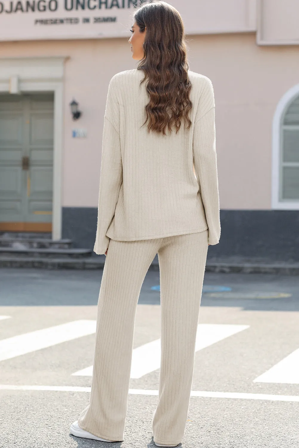 Beige Ribbed Drop Shoulder Henley Top Wide Leg Pants Set