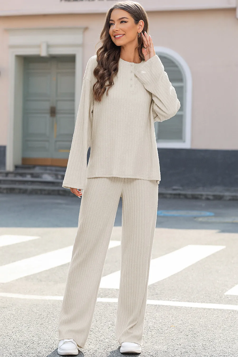 Beige Ribbed Drop Shoulder Henley Top Wide Leg Pants Set