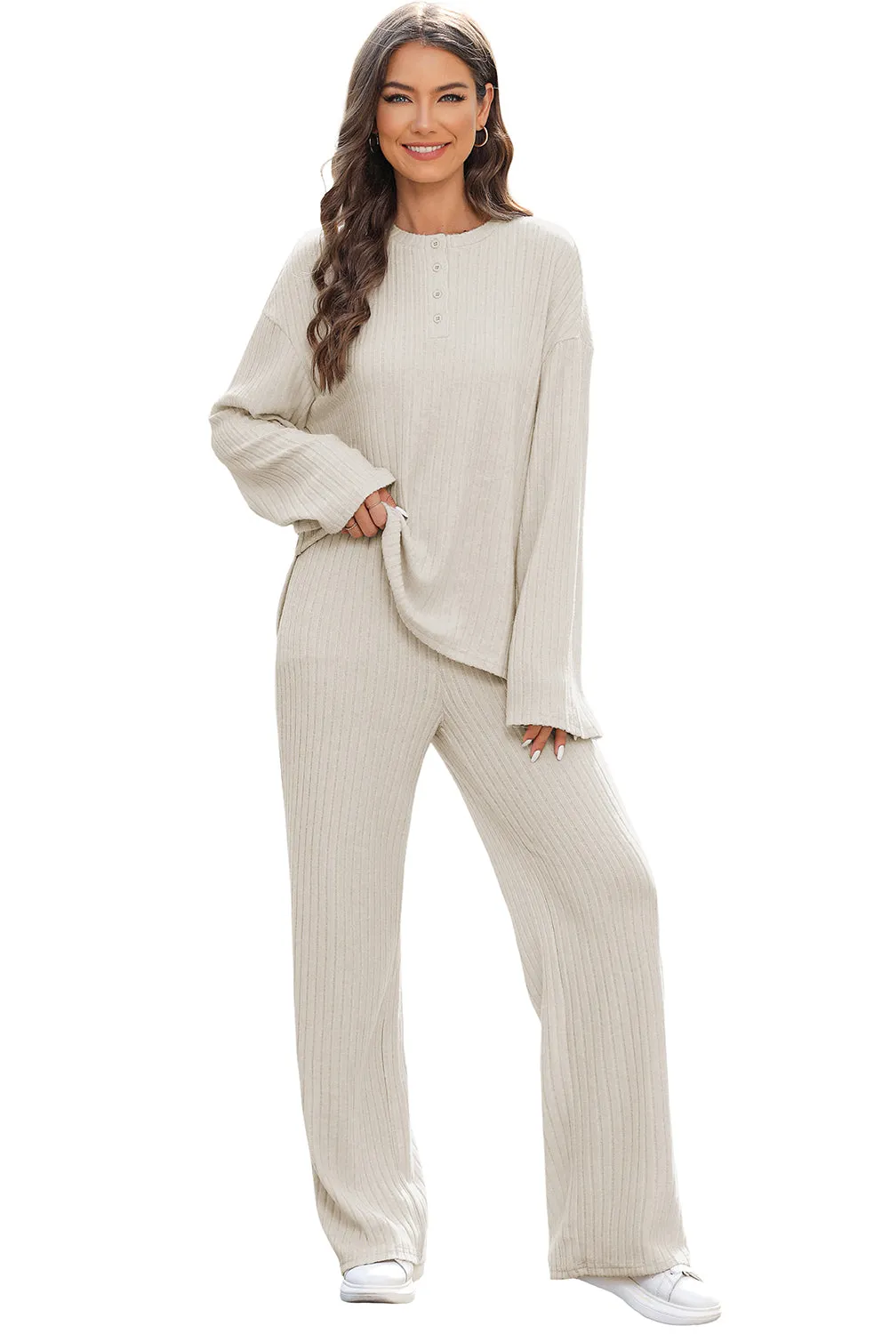 Beige Ribbed Drop Shoulder Henley Top Wide Leg Pants Set
